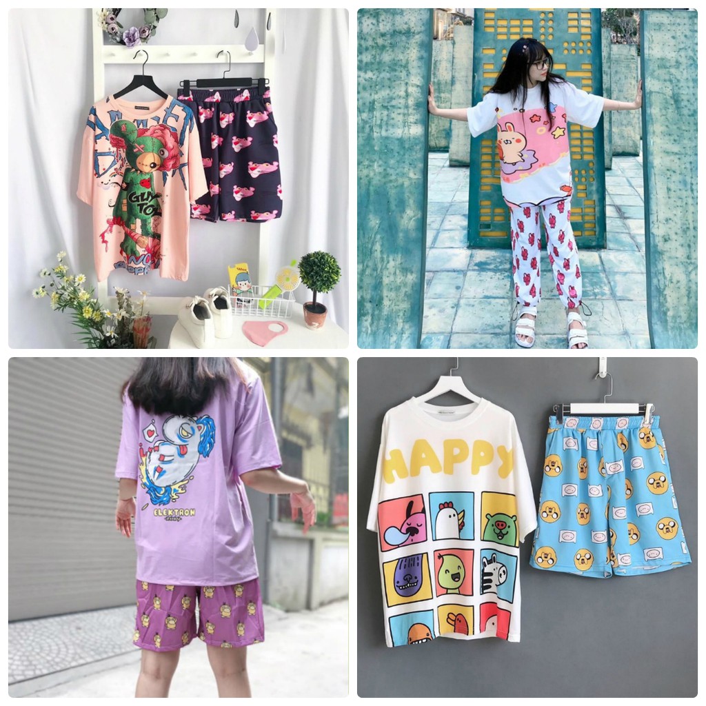 Set bộ ngủ UNISEX quần cartoon kèm áo tay lỡ siêu dễ thương có ảnh/video thật