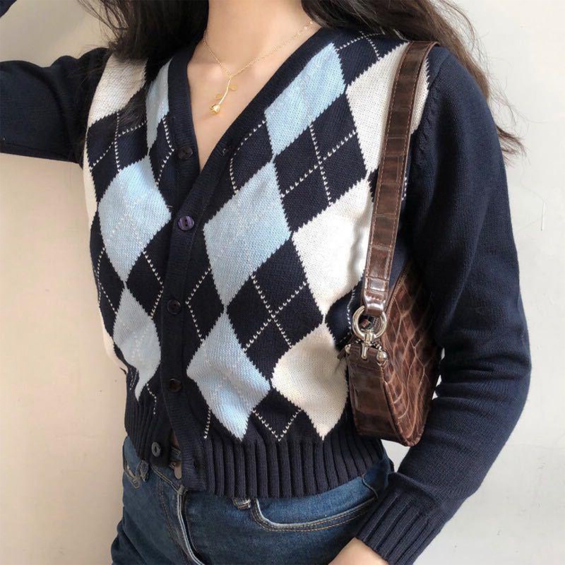 Áo Khoác Cardigan Dệt Kim Tay Dài Kẻ Sọc Ca Rô Cài Nút Kiểu Vintage Dễ Thương Cho Nữ