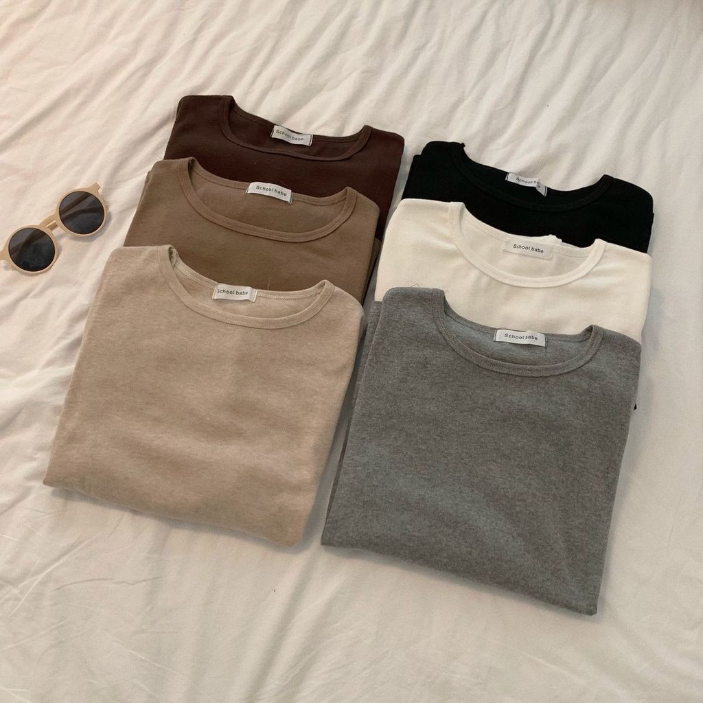 Áo Thun Tay Dài Cổ Tròn Màu Sắc Đơn Giản Dành Cho Nữ