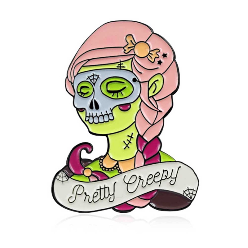 Horror Green Face Witch Wearing Skull Brooches Pins For Women Gothic Punk Skeleton Skull Badges Halloween Dress Up