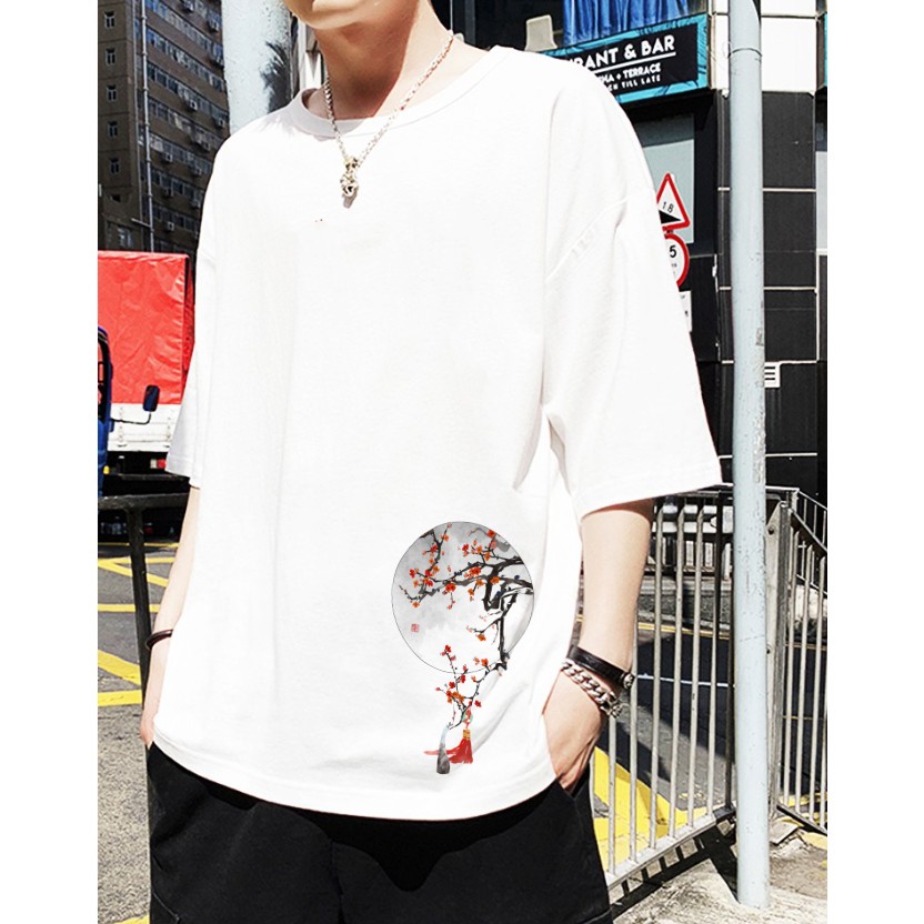 Áo thun trắng tay lỡ form rộng unisex nam nữ Hoa Phong Đỏ, Áo phông rộng basic phong cách oversize streetwear