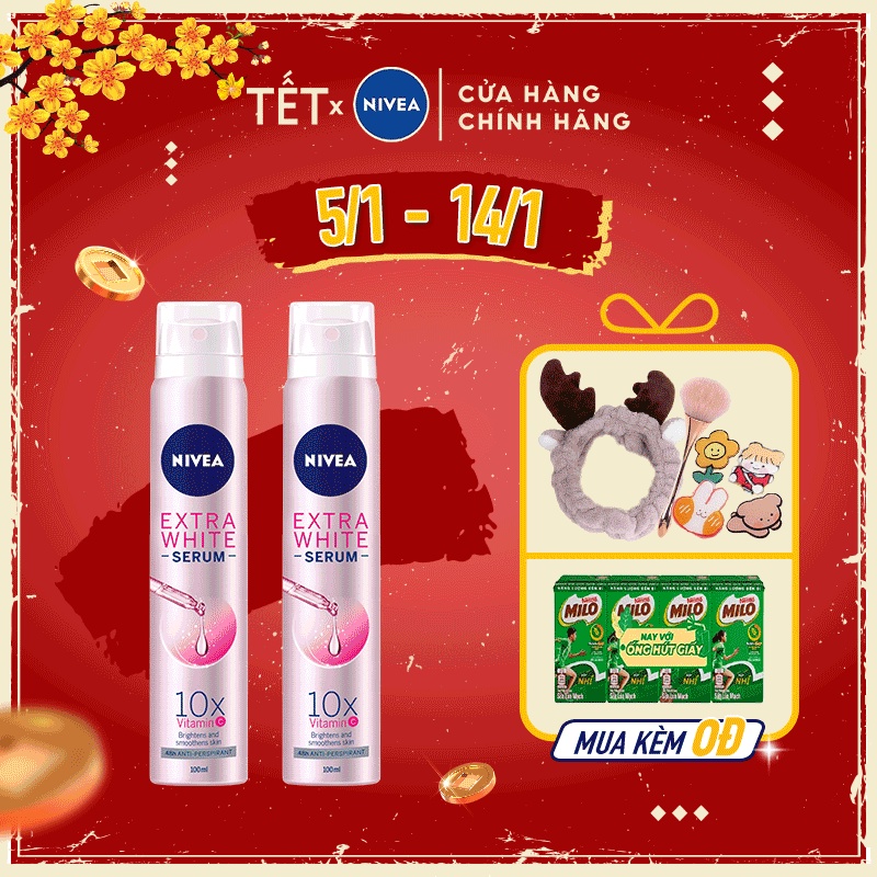 Bộ đôi Xịt ngăn mùi NIVEA serum trắng mịn (100ml/chai) 80020