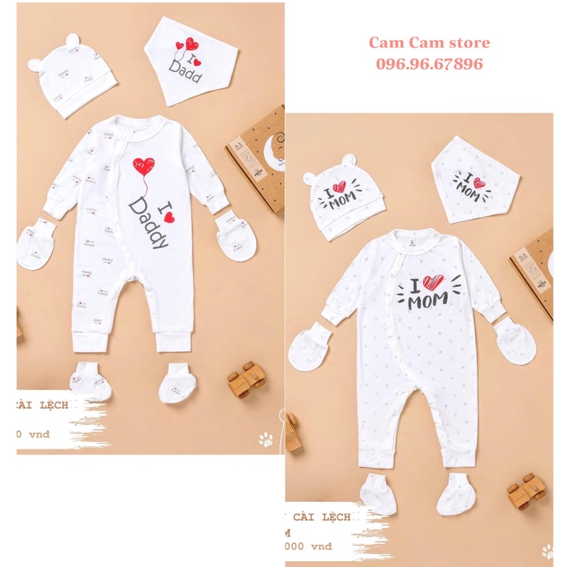 Set sơ sinh dài tay cài chéo kèm yếm mũ bao tay chân petit Moon