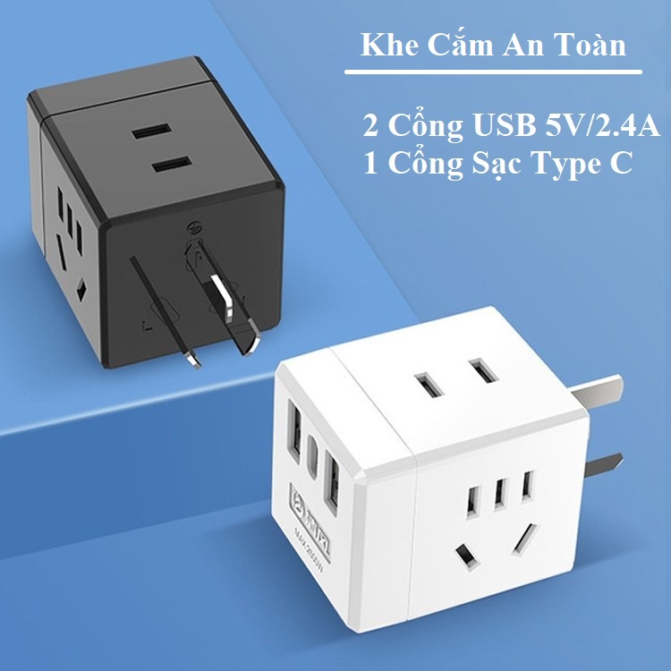 Ổ Cắm Điện Cube Đa Năng M16C, Ổ Cắm Chuyển Đổi 3 Chân Chéo, Gồm 2 Cổng Sạc USB 5V/2.4A, 1 Cổng Sạc Type C