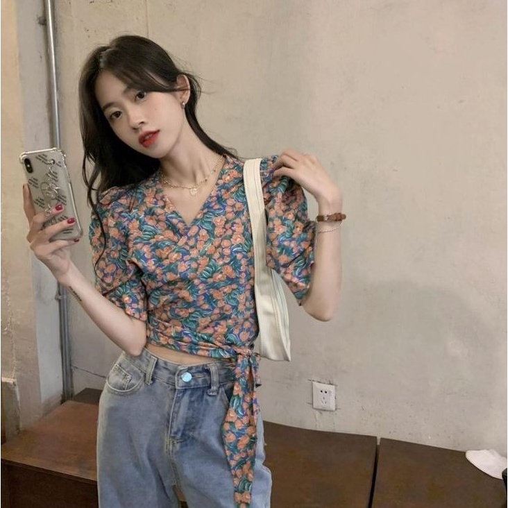 Áo Kiểu Tay Phồng Ngắn Cổ Chữ V Dáng Ôm Thời Trang retro Hàn Quốc Cho Nữ