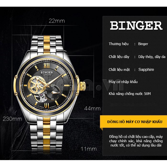 Đồng hồ  cơ nam chronograph chạm rỗng Binger