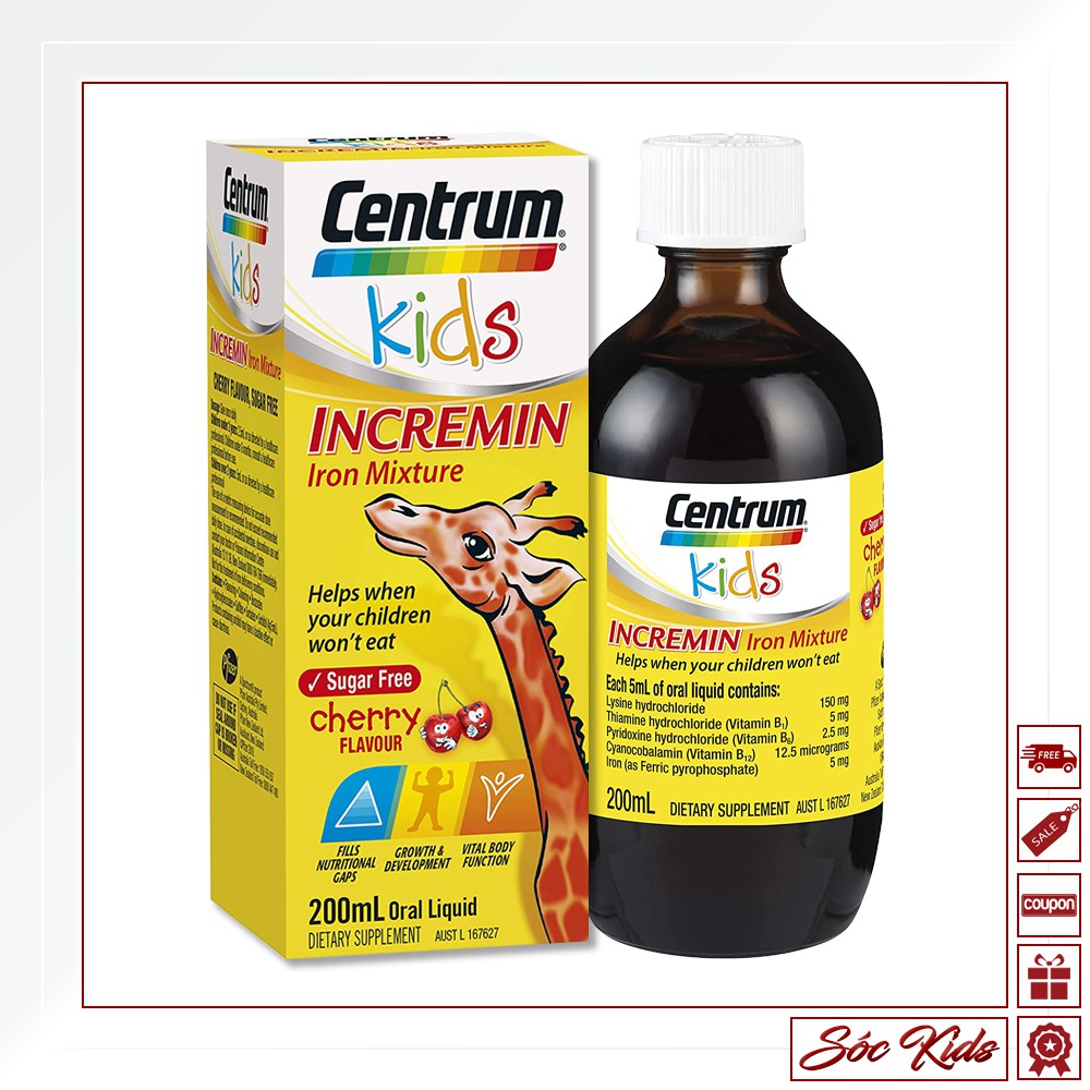 [ÚC] Centrum Kids Incremin Iron Mixture Cherry Flavour Cho Trẻ Biếng Ăn [DATE 2022 - MẪU MỚI - CHAI 200 ML | SÓC KIDS]