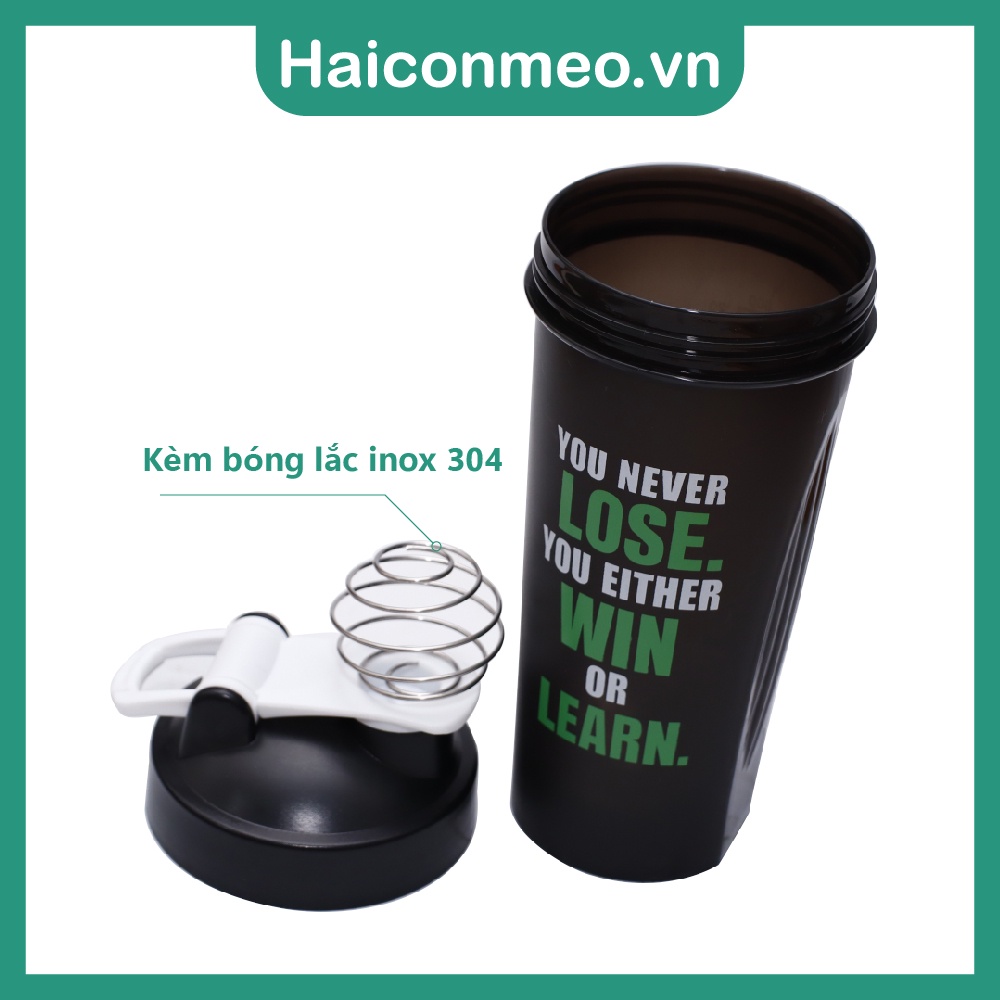 Bình lắc shaker whey tập gym bình nước thể thao shaker pha sữa protein kèm bóng lắc 600ml Never lose