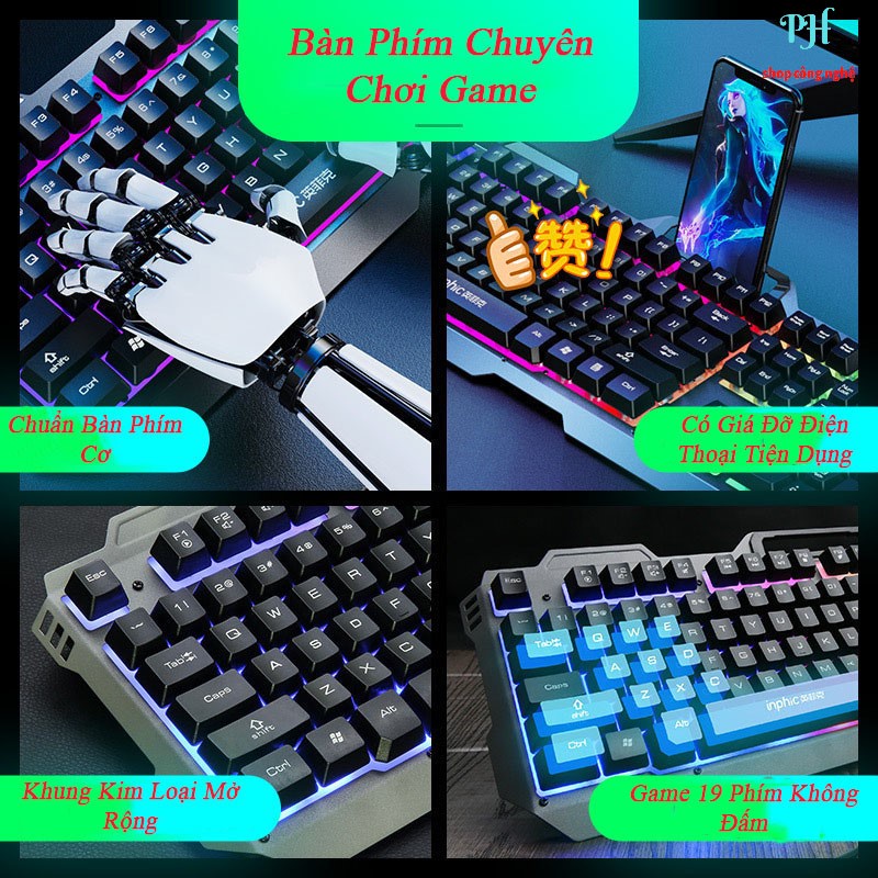 Bàn Phím Giả Cơ Kim Loại INPHIC V680 Có Dây Phím Có Đèn Nền Siêu Đẹp RGB Hỗ Trợ 4000DPI Chơi Game Chuyên Nghiệp