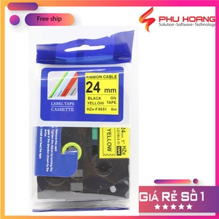 Nhãn in TZ2-FX651 siêu dẻo, chữ đen nền vàng( Black on yellow), khổ rộng 24mm, bám dính cao, máy in nhãn Brother