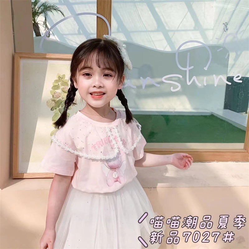 Áo thun bé gái bèo cổ/ áo cộc hình con gấu, áo thun ren bèo cổ