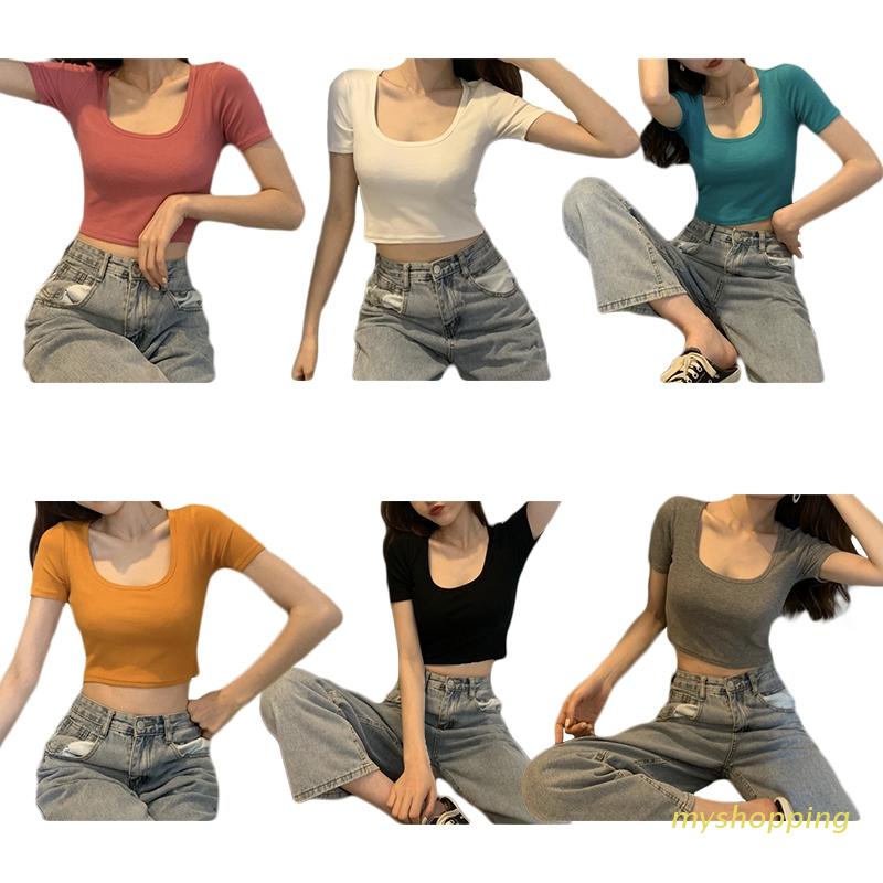 Áo Thun Ngắn Tay Cổ Vuông Màu Trơn Thời Trang Mùa Hè Cho Nữ