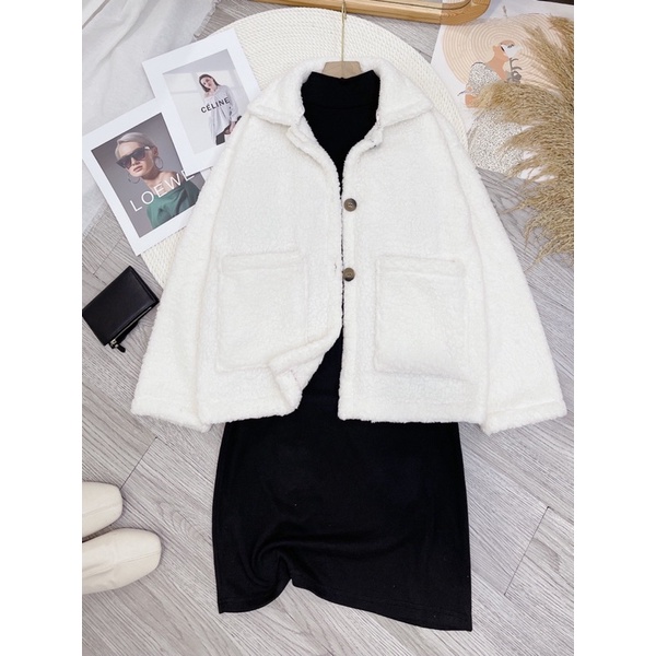 set váy body đen cổ 3p mix áo lông trắng thụng