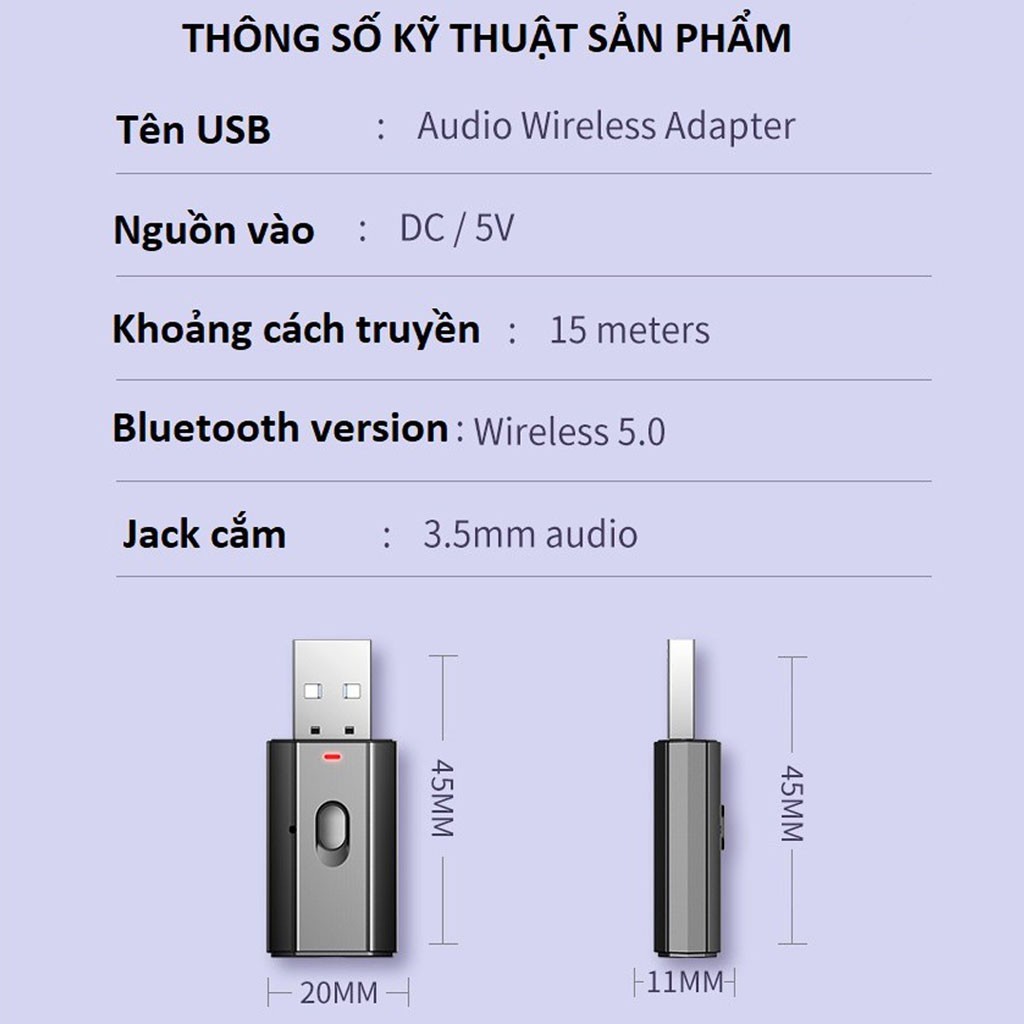 Thiết bị thu phát âm thanh Usb bluetooth 5.0 âm thanh đa chức năng jack 3.5mm cho loa, ô tô ,tai nghe bluetooth -dc4488