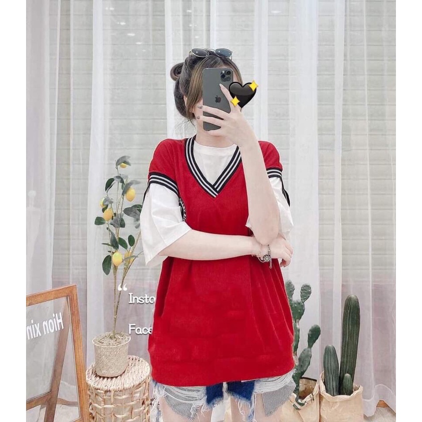 Set Áo Gile Đỏ Huy Hiệu Viền Cổ Kèm Áo Trắng Chất Liệu Cotton - ÁO GILE YF ĐỎ + Áo Phông Trơn Trắng Phong Cách Hàn Quốc