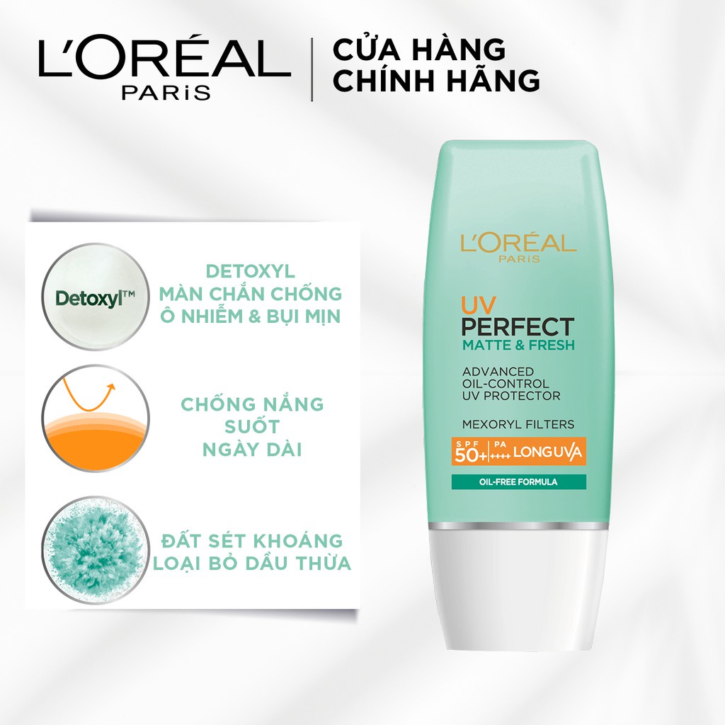 Kem Chống Nắng L'Oréal Kiềm Dầu Thoáng Mịn Da 30ml UV Perfect Matte &amp; Fresh SPF 50+/PA++++