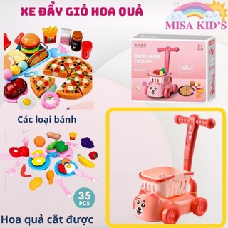 Xe đẩy siêu thị cho bé, giỏ đồ chơi tặng kèm pizza, hoa quả cắt được cho bé, chơi đồ hàng cho bé