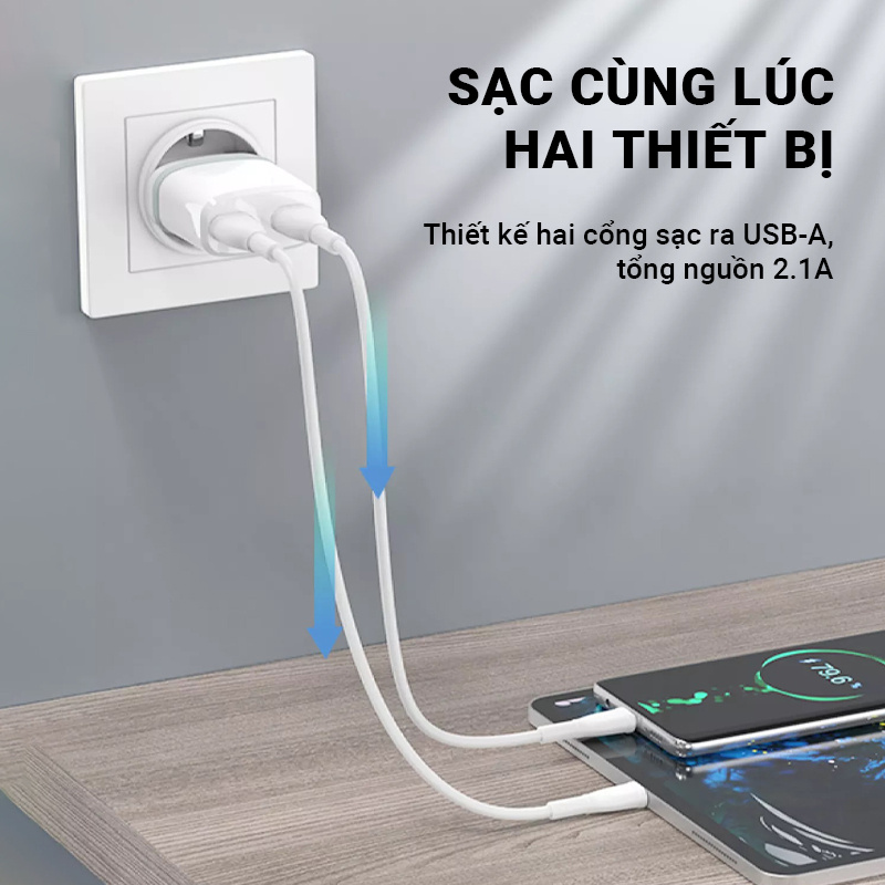 Cốc sạc nhanh an toàn 2.1A Robot RT-K9 2 cổng sạc ra USB, nhiều lớp bảo vệ an toàn, tặng kèm cáp sạc Micro, độ bền cao