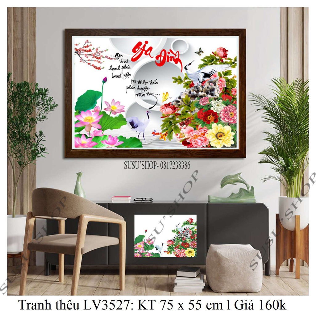 Tranh thêu ( giá sỉ) chữ thập Gia đình LV3527 (75x55cm ); tranh đá LV569 (90x65cm)