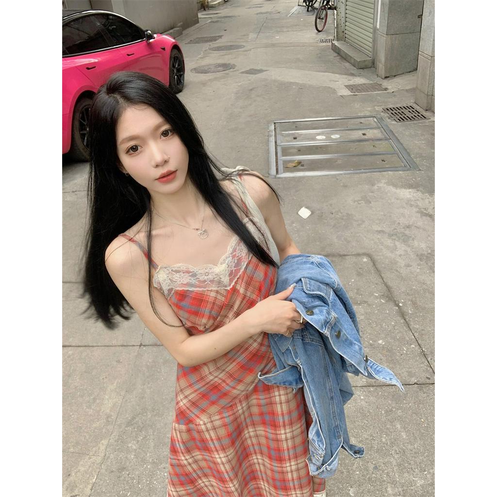 Đầm Hai Dây Phối Ren Họa Tiết Sọc Caro Thời Trang Mùa Hè Hàng Mới Dành Cho Bạn Nữ