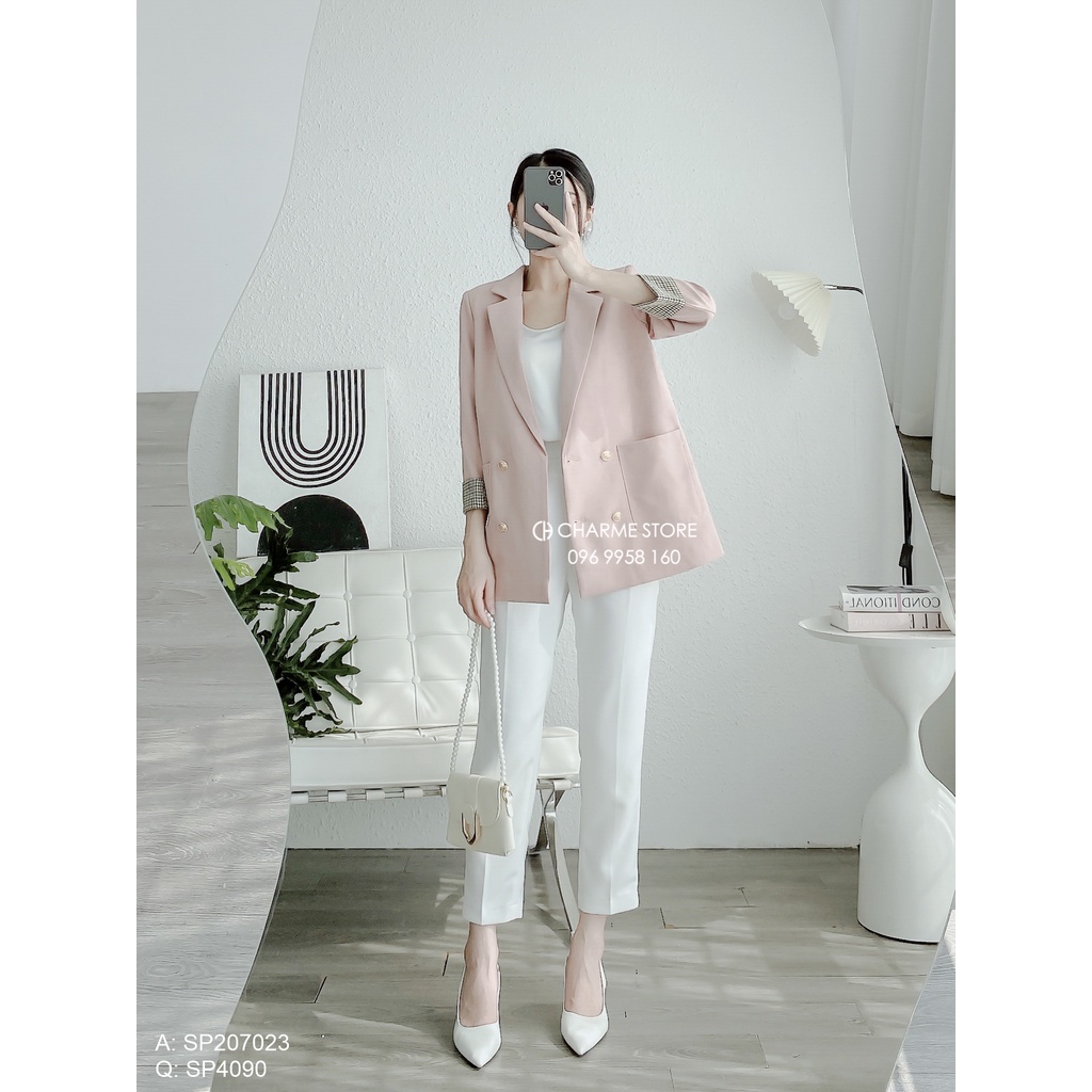 Áo Vest, Áo Blazer Nữ Tay Lửng Phối Kẻ Caro Có Đệm Vai Thiết Kế Charme 207023