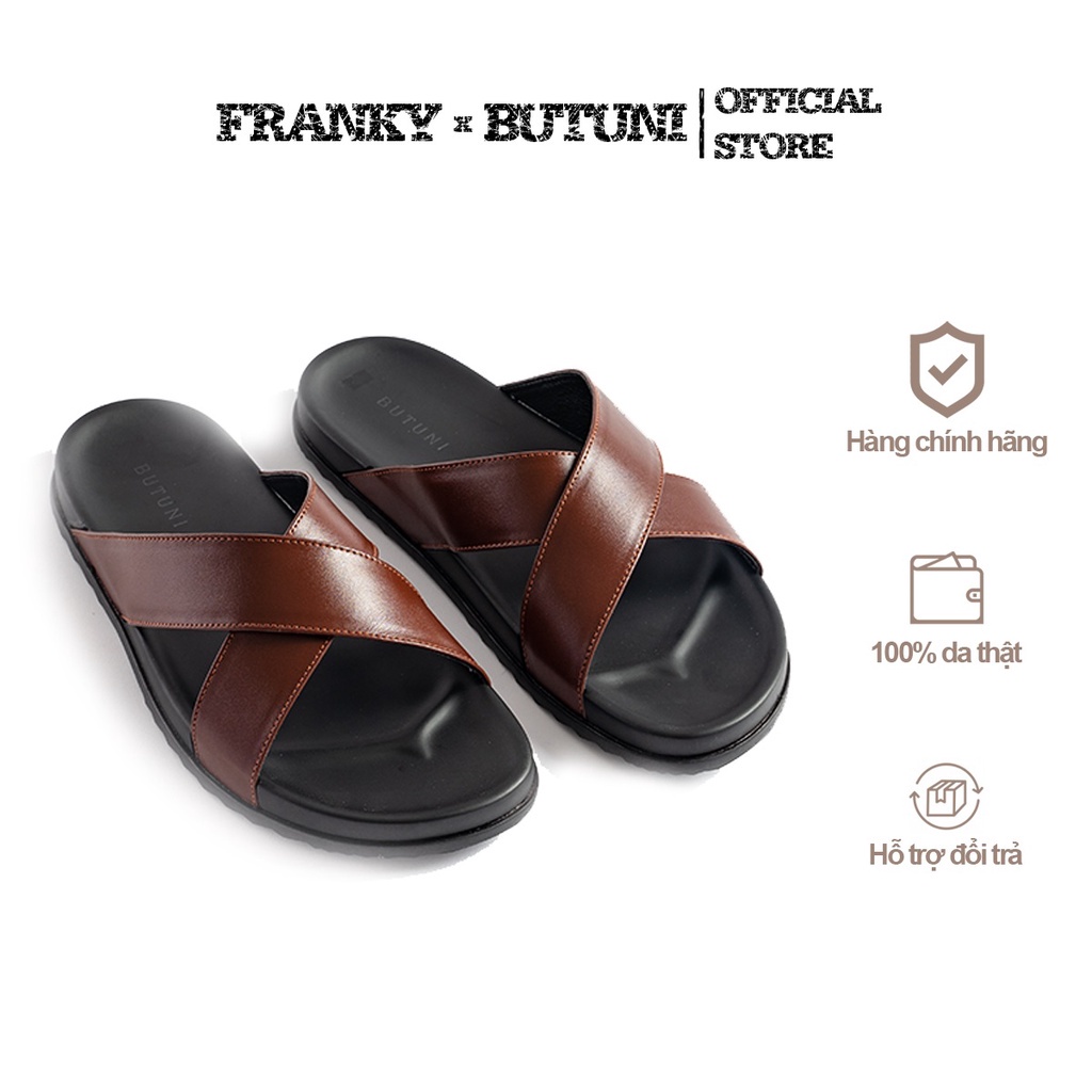 Dép Da Nam Butuni Cross Slippers Da Bò Full grain - Đế Đúc Cao Su Chống Hăm Chân - Size 39 - 44