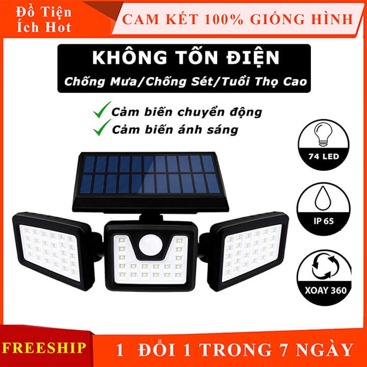 Đèn năng lượng mặt trời 3 cánh cảm biến chuyển động, chống nước IP65, pin 2400mAh, đèn mặt trời cảm biến ánh sáng
