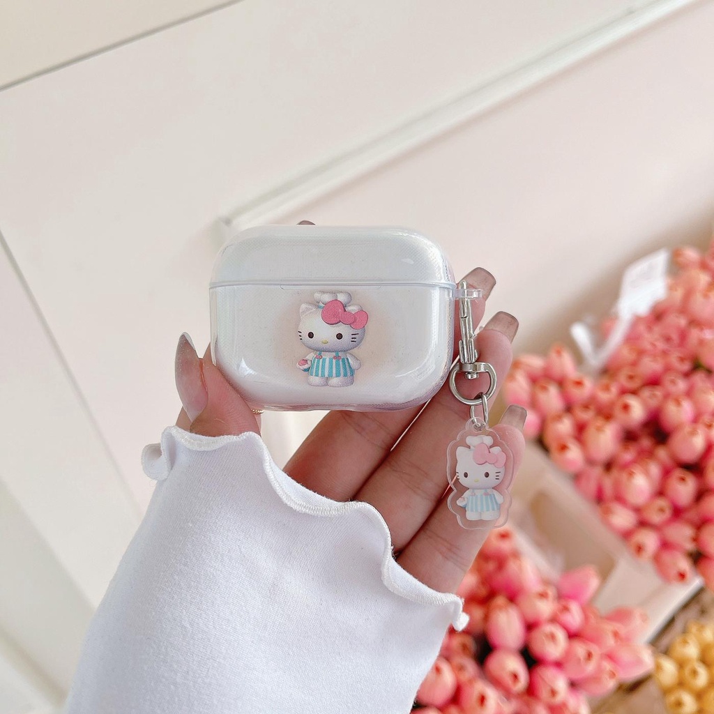 Vỏ Bảo Vệ Hộp Sạc Tai Nghe AirPods 1 2 pro 3 2021 gen3 Bằng Silicon Tpu Mềm Trong Suốt Hình Mèo Kitty Dễ Thương Kèm Móc Treo Chống Thất Lạc