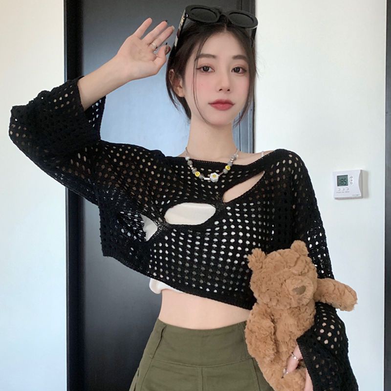 Áo Sweater Dệt Kim Tay Dài Thiết Kế Khoét Lỗ Dáng Ngắn Thời Trang Trẻ Trung