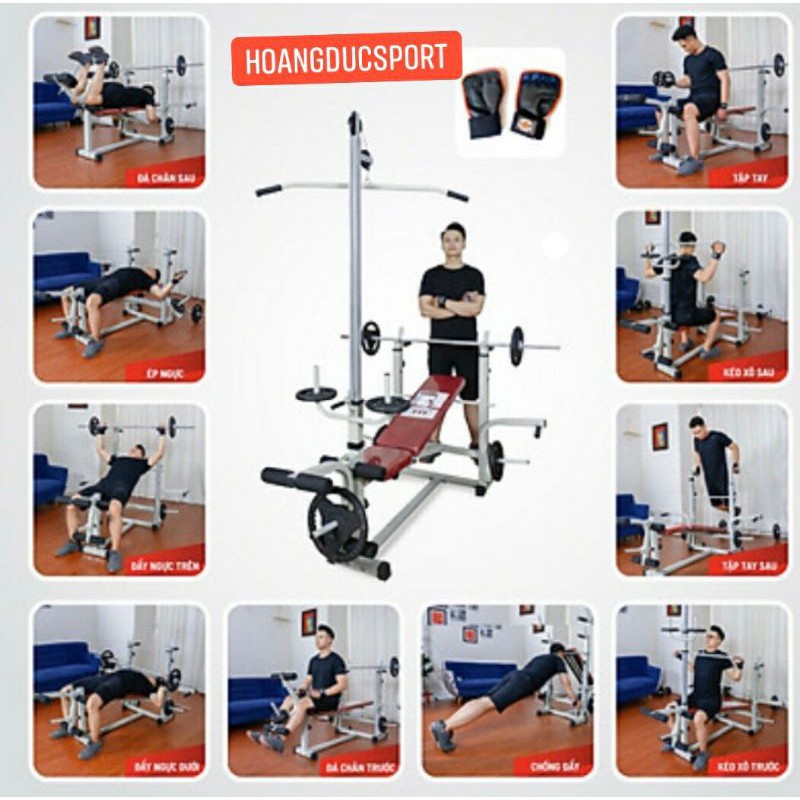 Combo ghế tập tạ đa năng hoangducsport kèm đòn tạ 1.5m và 60kg tạ gang xuki