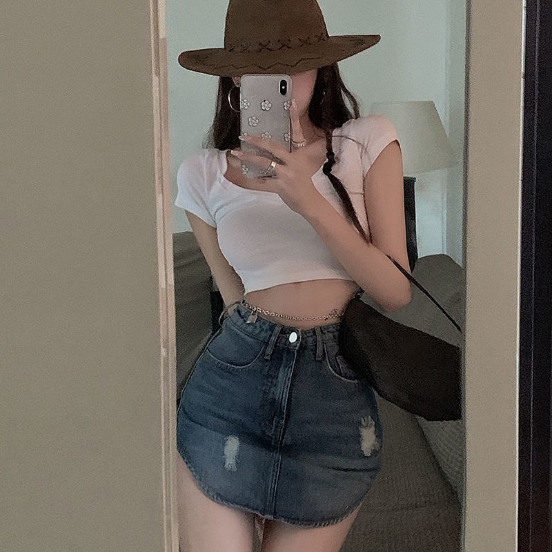 Jiashucheng Chân Váy Denim Ngắn Lưng Cao Dáng Ôm Lệch Tà Thời Trang Cho Nữ