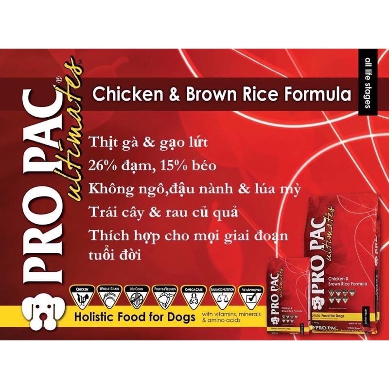 Thức ăn hạt khô cao cấp Propac ultimates Chicken & Brown Rice cho thú cưng chó trưởng thành