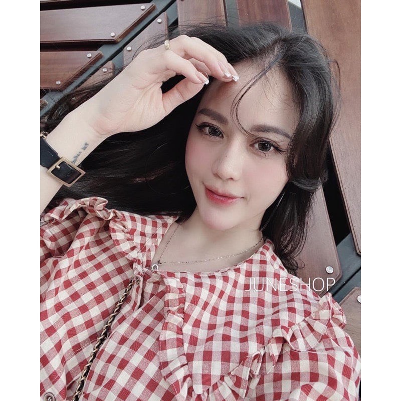 Áo sơ mi nữ kẻ nữ cổ bèo phong cách Hàn Quốc chất thô đũi Xiaomimi SF11