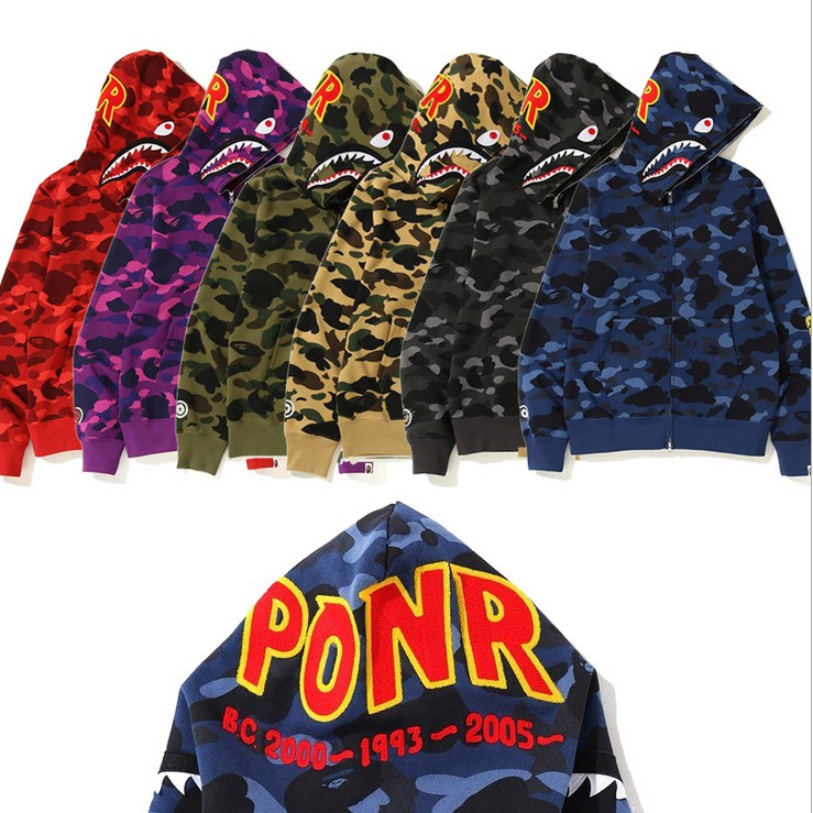 New Bape X PONR 🔥 Shark Zipper Hoodie Sweater Men Women Camouflage Plus velvet Coat