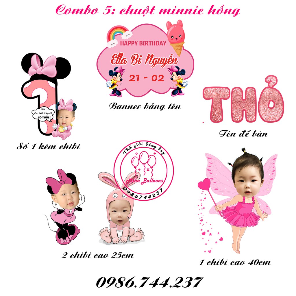 Combo hình chibi, bảng tên, welcome sinh nhật, trang trí sinh nhật bàn tiệc