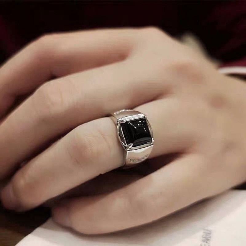 Nhẫn Onyx màu bạc thiết kế đơn giản có thể điều chỉnh kích thước