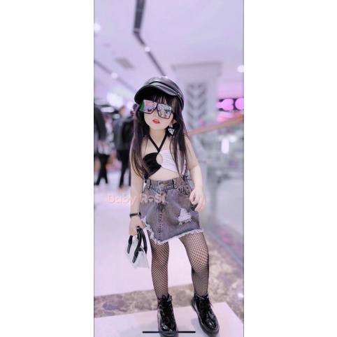 Sét áo 2 màu kèm chân váy jean rách cho bé gái