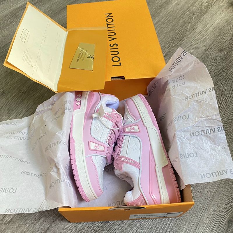 Giày LV Trainer Hồng Fullbox, Giày thể thao lv trainer hồng cá tính da nhăn cực đẹp hot trend 2022