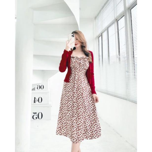 Set váy nữ VAYO Đầm 2 dây nữ hoa nhí dáng dài xòe đỏ và áo khoác cardigan croptop dài tay vải len mềm mịn đẹp thời trang | BigBuy360 - bigbuy360.vn