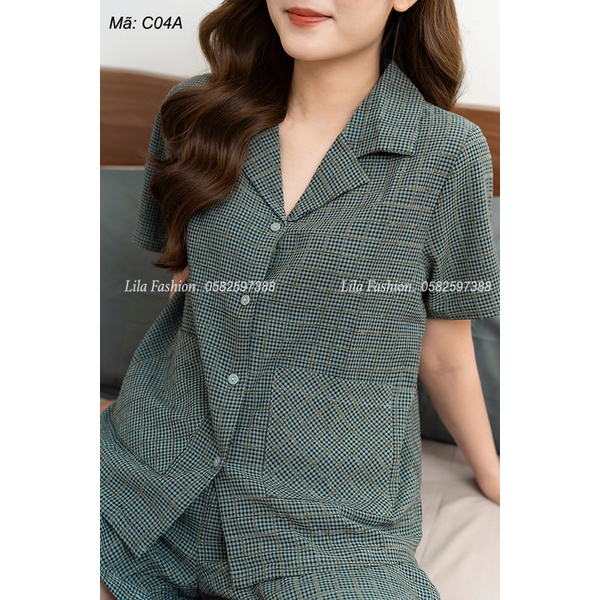 Bộ đồ nữ mùa hè mặc nhà ngắn tay kẻ caro cao cấp mềm mịn, mát khi mặc