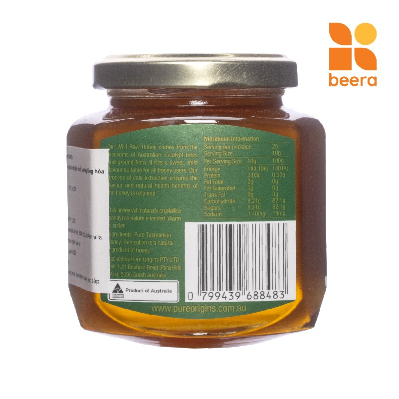 Mật Ong Nguyên Chất Wild Raw Pure Origins Beera nhập khẩu chính hãng từ Úc, hỗ trợ tiêu hóa tốt(250g)