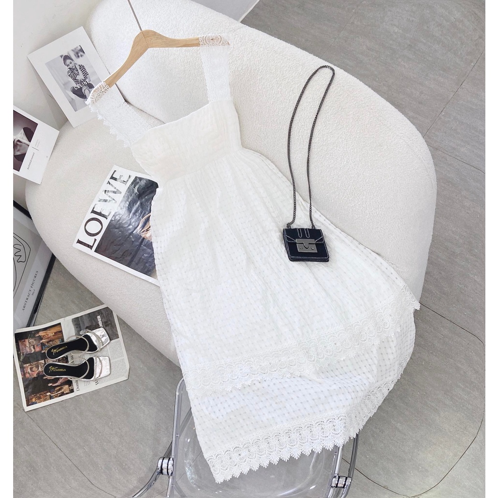 ĐẦM MIDI TRẮNG DÂY VAI XÔ REN HOA