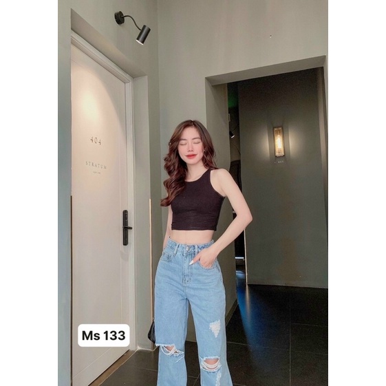 Quần Baggy Jean Nữ Lưng Cao Ống Rộng Phối Rách Ms133
