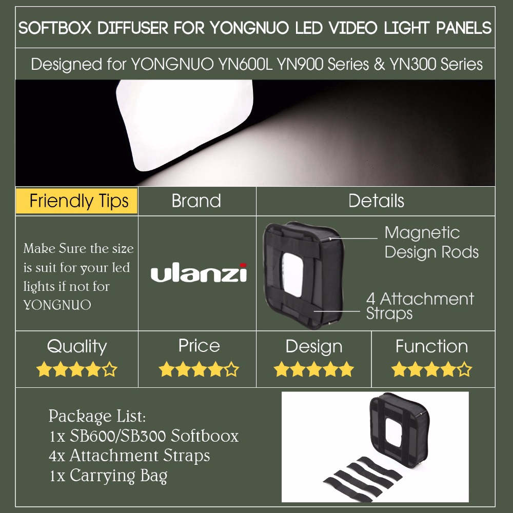 Ulanzi xách tay có thể gập lại flash Softbox Diffuser cho YONGNUO Led Đèn chiếu sáng YN600L II YN900 YN300 YN300 III
