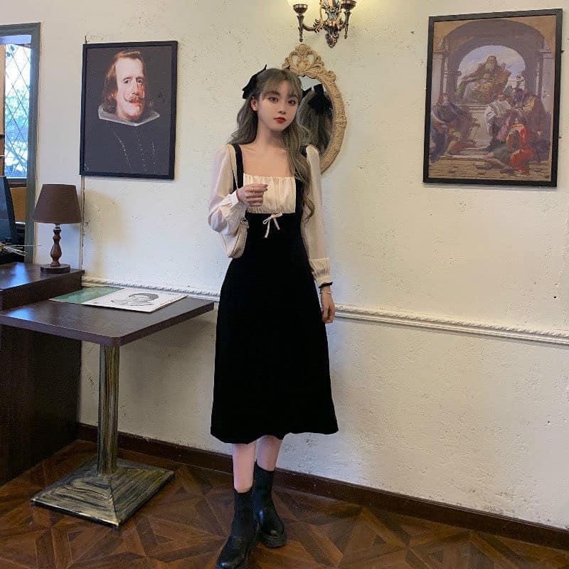 Váy nhung phối nơ tiểu thư phong cách Hàn Quốc nữ tính loại 1 | BigBuy360 - bigbuy360.vn