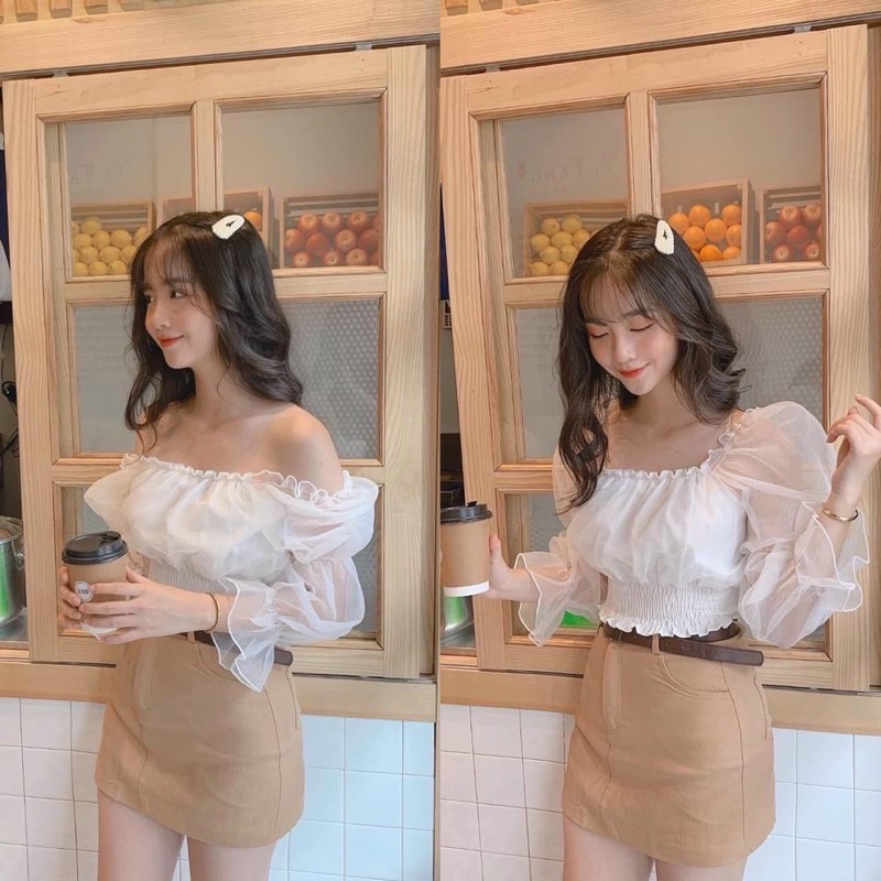 Áo trễ vai tay bồng nữ - áo bẹt vai nữ bo eo phối tay voan kiến -A0107 | BigBuy360 - bigbuy360.vn