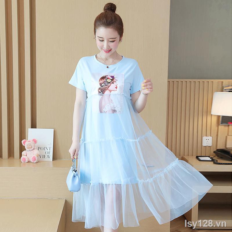 ℗☃Váy bầu tây, đầm mùa hè, gạc cotton lưới, đỏ bầu, cổ tròn, tay ngắn, bà đầm, dài