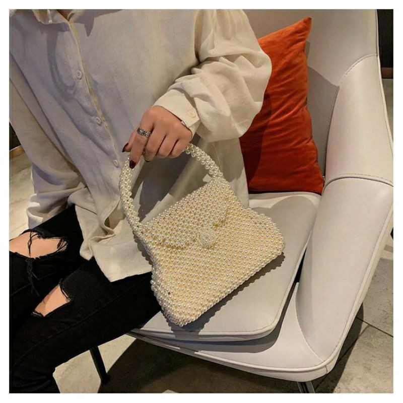 Túi xách tay kết hạt cườm giả ngọc trai handmade kiểu hình vòm