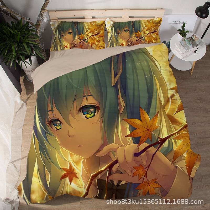 Bộ Ga Trải Giường Vỏ Gối 3 Trong 1 Chất Lượng Cao In Hình Hatsune Miku 4 Trong 1