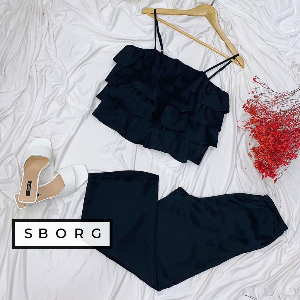 Đồ bộ mặc nhà SBORG bộ ngủ lụa latin 2 dây viền bèo 4 tầng dễ thương phối quần dài có túi freesize dưới 55kg quà tặng Vợ